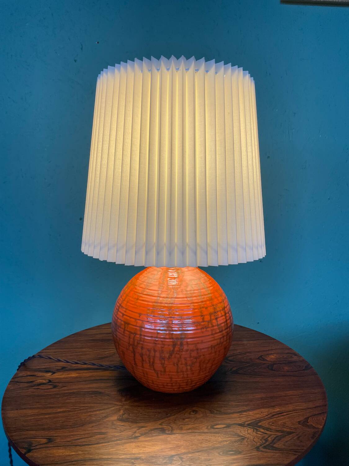 Art Deco HAK Herman Kähler Pottery Lamp, c.1930s Orange Globe with Brass Details