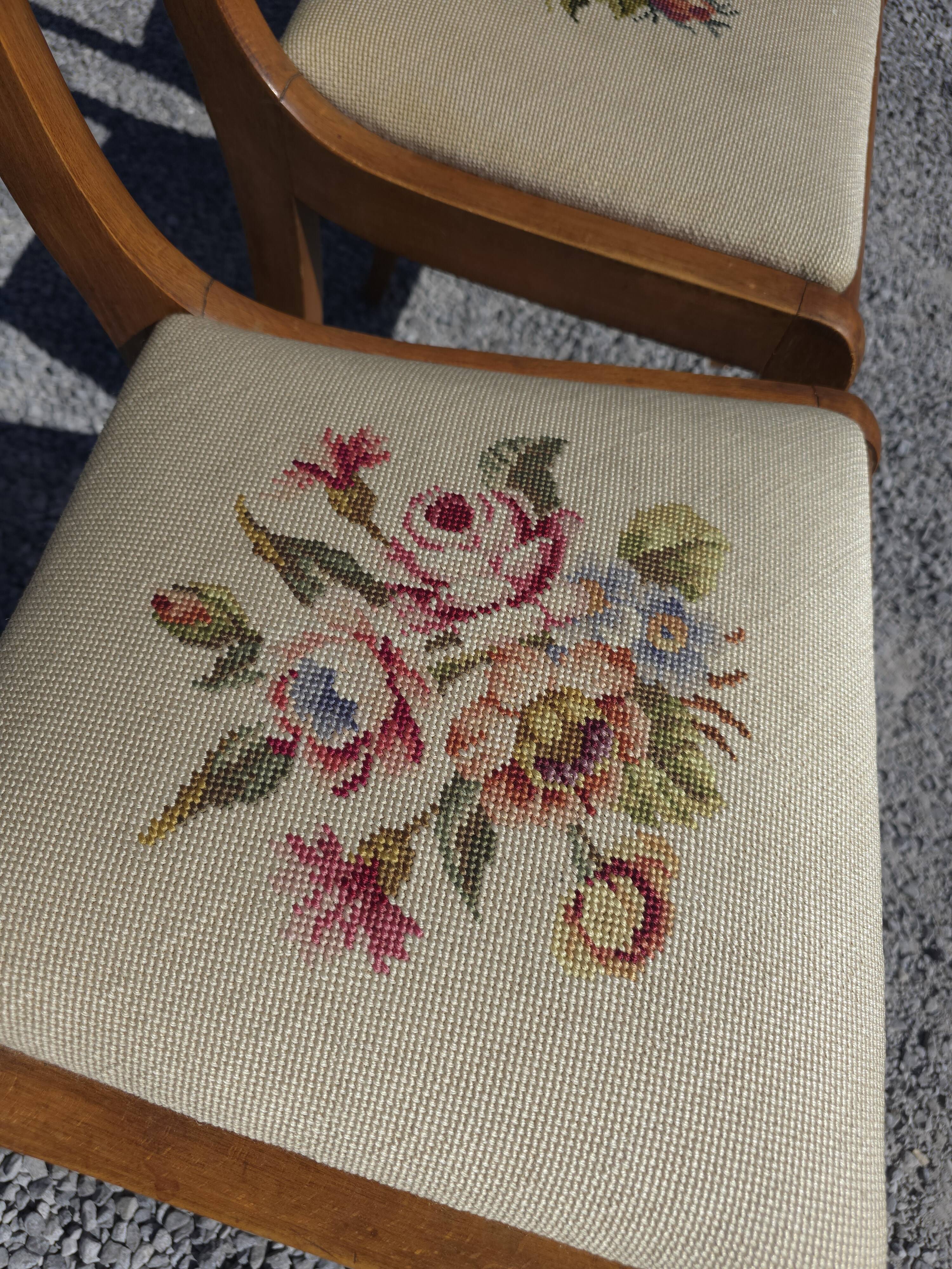 8 cherry wood chairs with embroidered seats