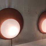 Designer wall lights in wood and opaline globe - mid-20th century
