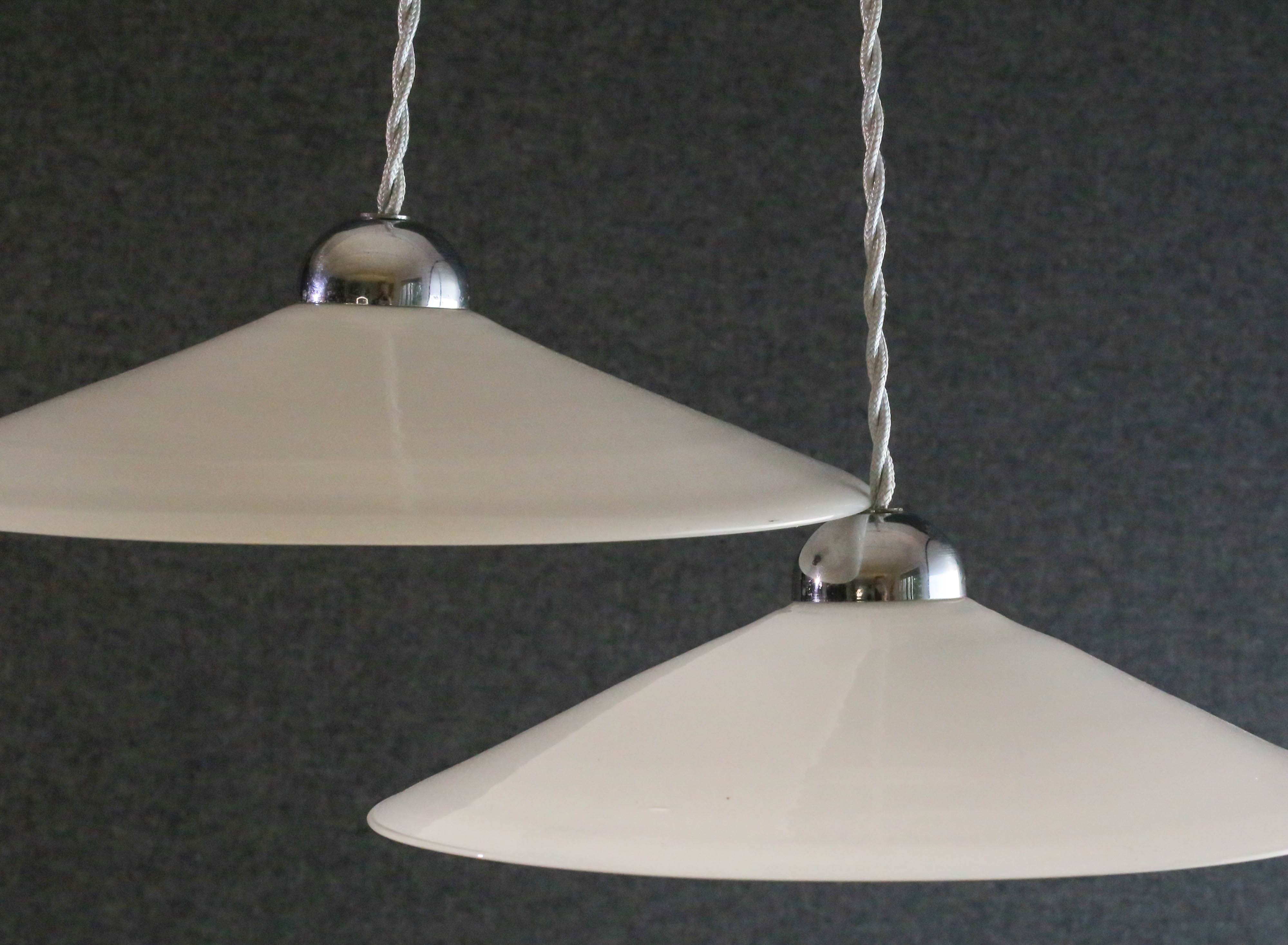Set of 2 white opaline pendant lights with b22 socket and chrome socket cover
