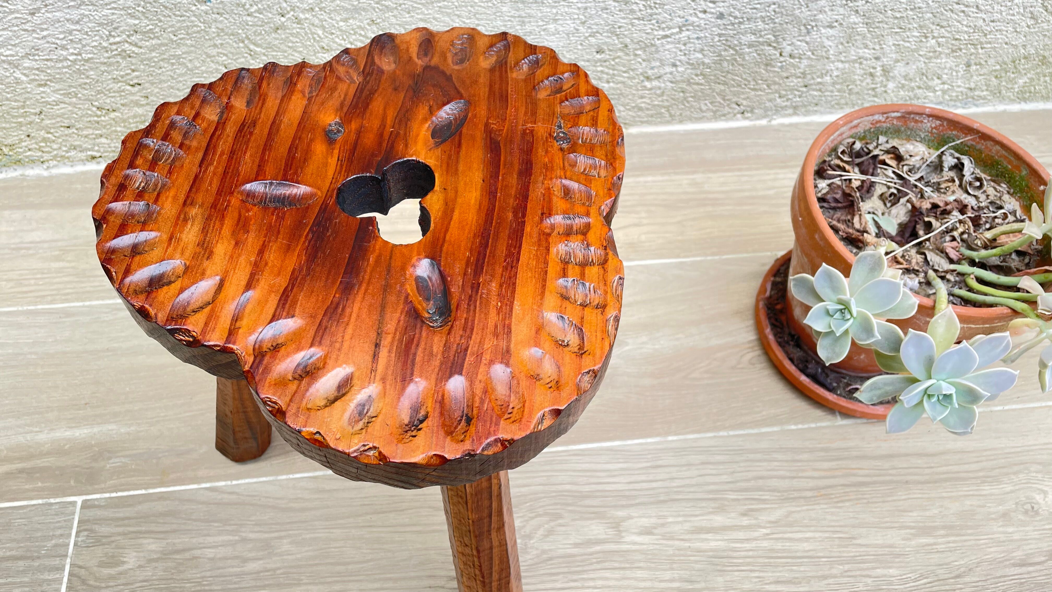 Vintage tripod wood stool made in Spain