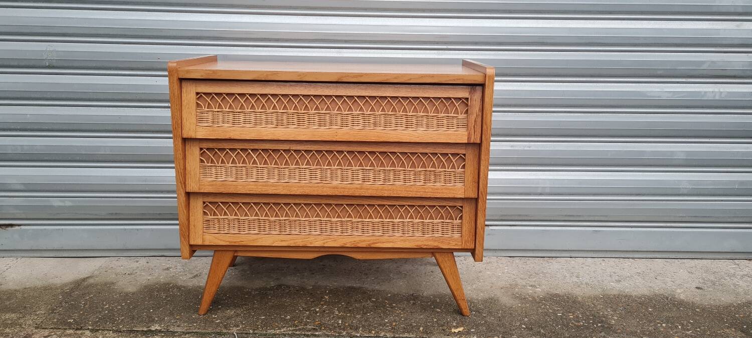 Vintage chest of drawers with compass and rattan foot