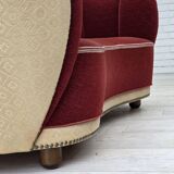 1960s, Danish curved 2-seater sofa, red/beige furniture wool fabric.