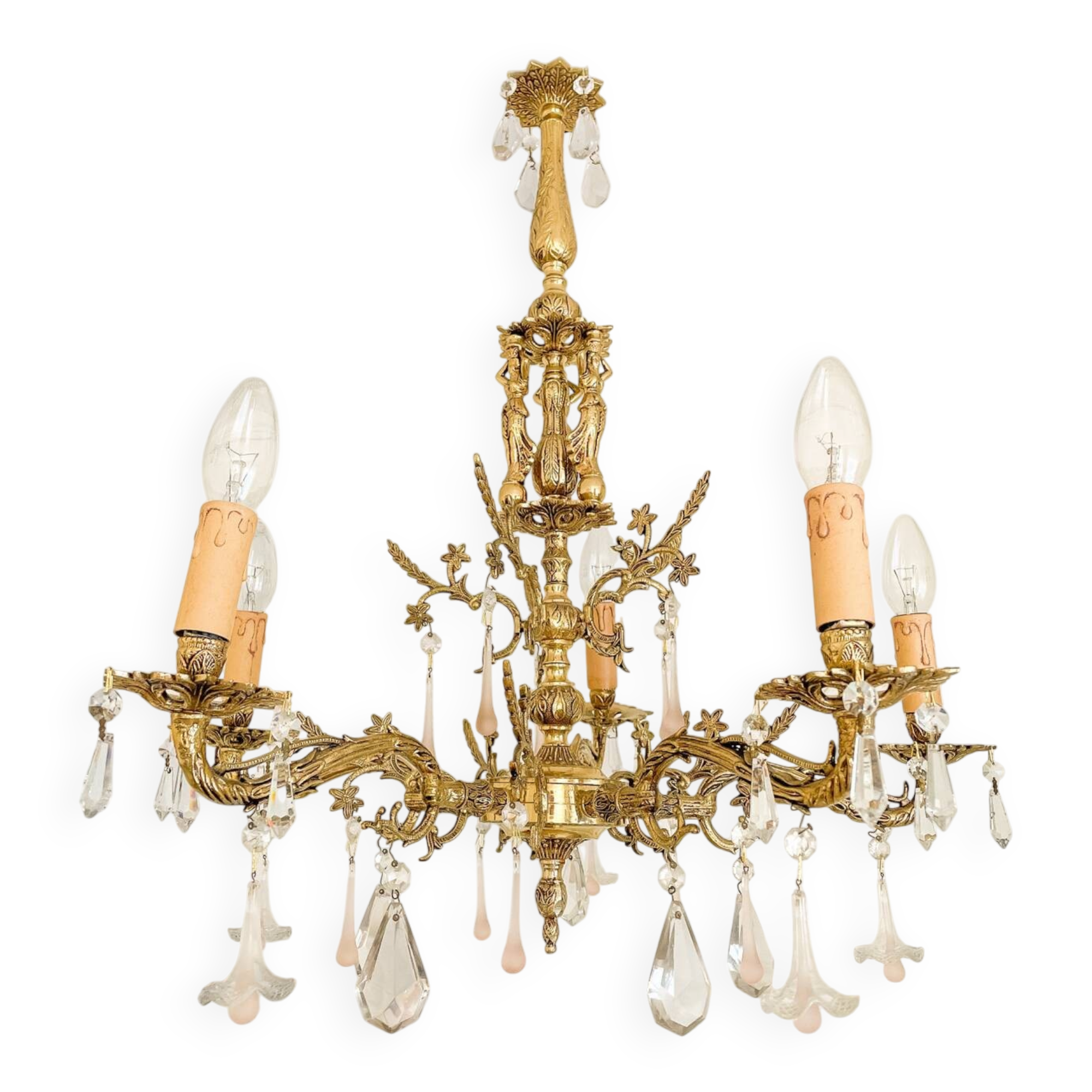 Lustre ancien en bronze à 5 bras avec verre de Murano rose et cristal
