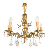 Lustre ancien en bronze à 5 bras avec verre de Murano rose et cristal