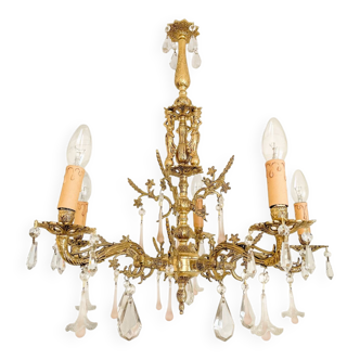 Grand lustre ancien en bronze à 5 bras avec verre de Murano rose et cr