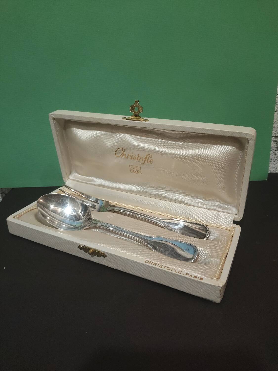 Christofle box – Child's spoon & fork – Silver-plated metal