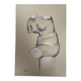 Signed drawing, charcoal study of a plaster bust of a woman from the studio.