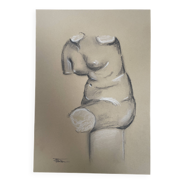 Signed table, charcoal study of a drawing of a plaster bust of a woman from the studio.