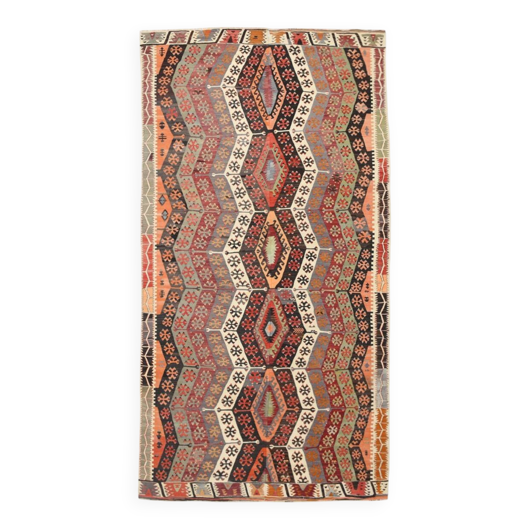 Pastel Tones Geometric Pattern Turkish Woven Wool Kilim Rug, 185x350 Cm