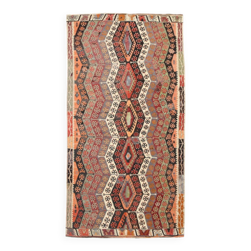 Pastel Tones Geometric Pattern Turkish Woven Wool Kilim Rug, 185x350 Cm