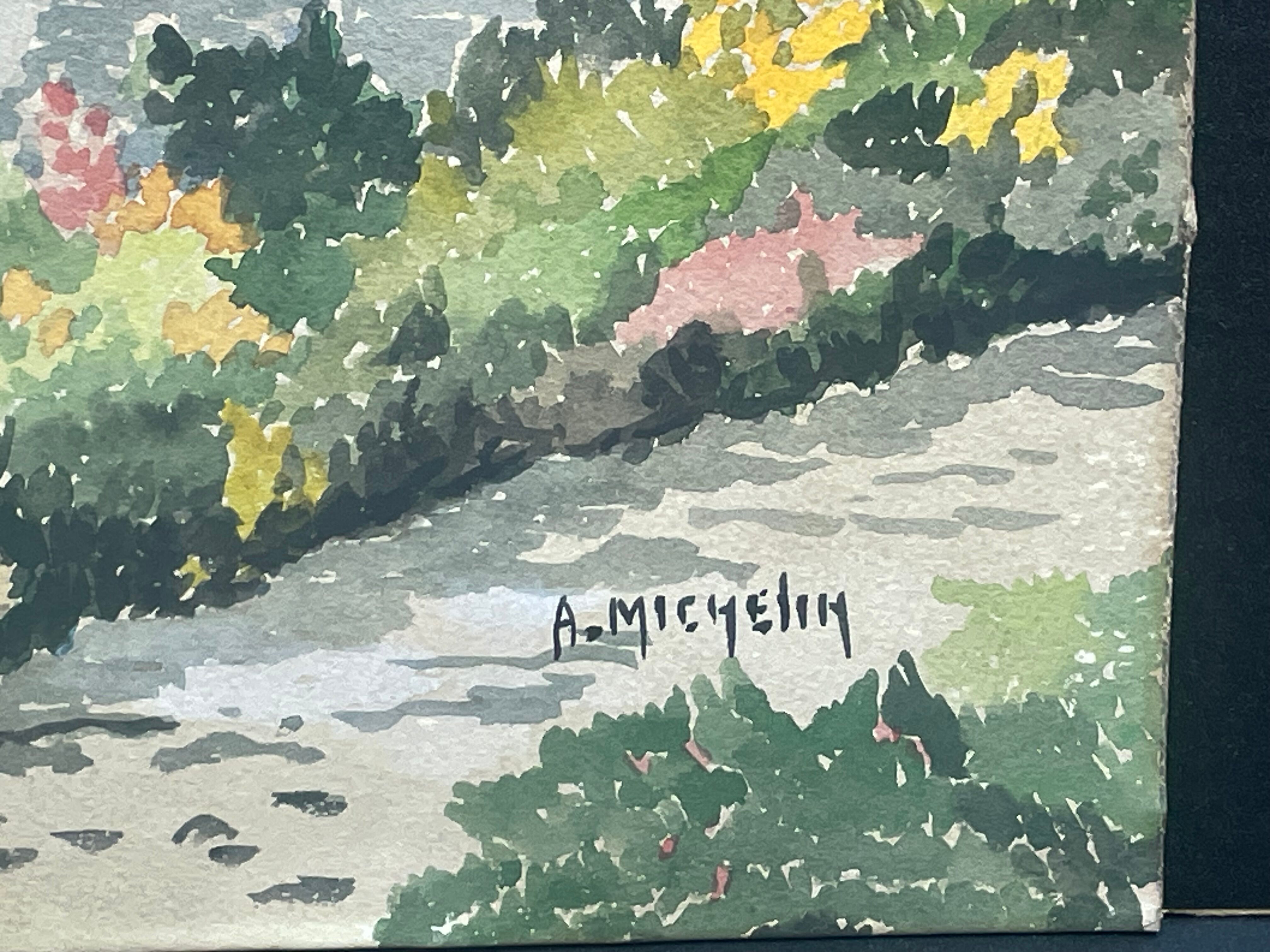 Watercolor on cardboard, house of the stone bridge, (brittany), signed A. Michelin