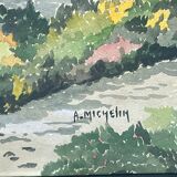 Watercolor on cardboard, house of the stone bridge, (brittany), signed A. Michelin