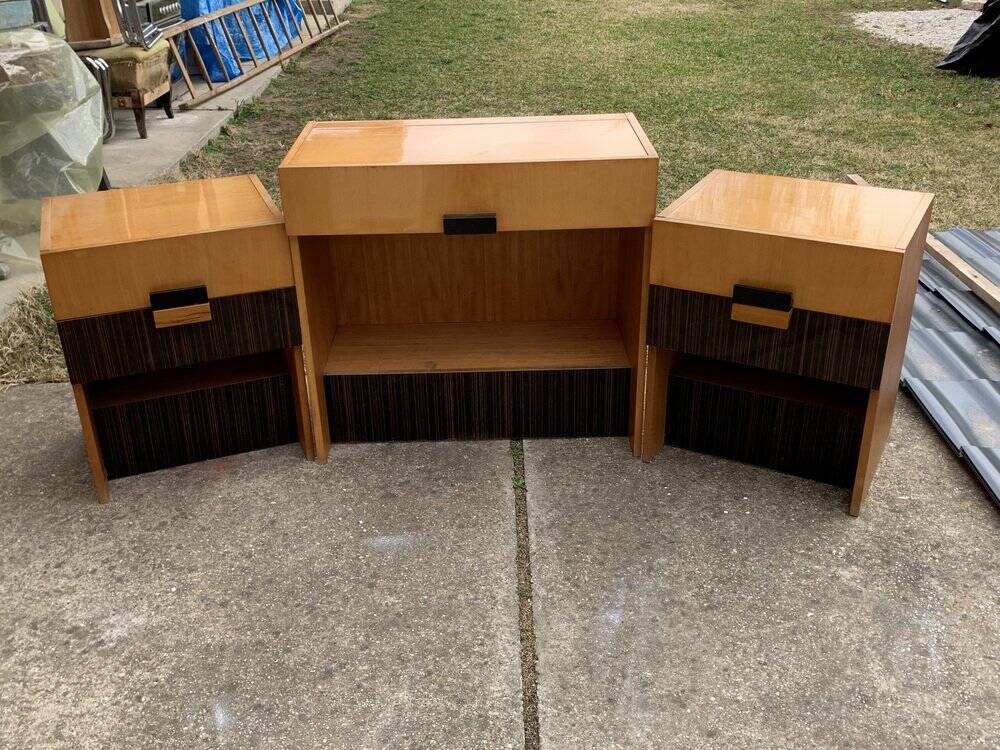 Mid-century brown and black lacquer dressing table set with 2 bedside tables.