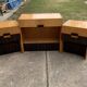 Mid-century brown and black lacquer dressing table set with 2 bedside tables.