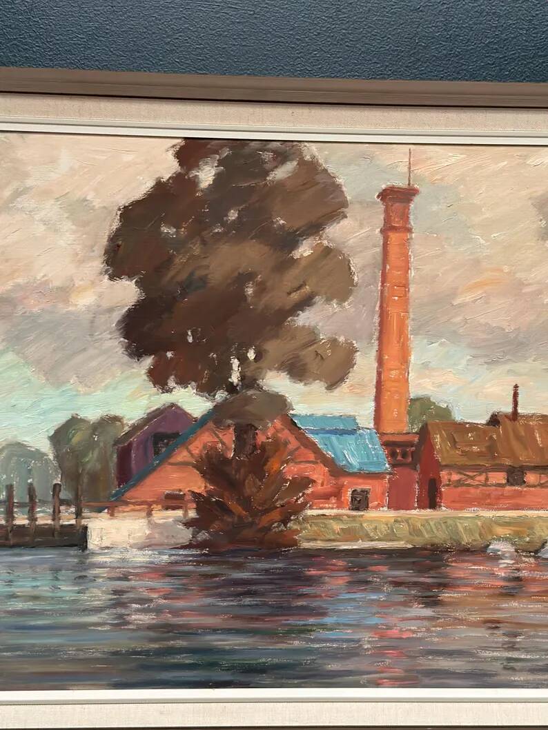 Original Swedish Oil on Panel - "Coastal Village" by Helge Andersson - Dated 1965 - Framed - 86 × 64 cm