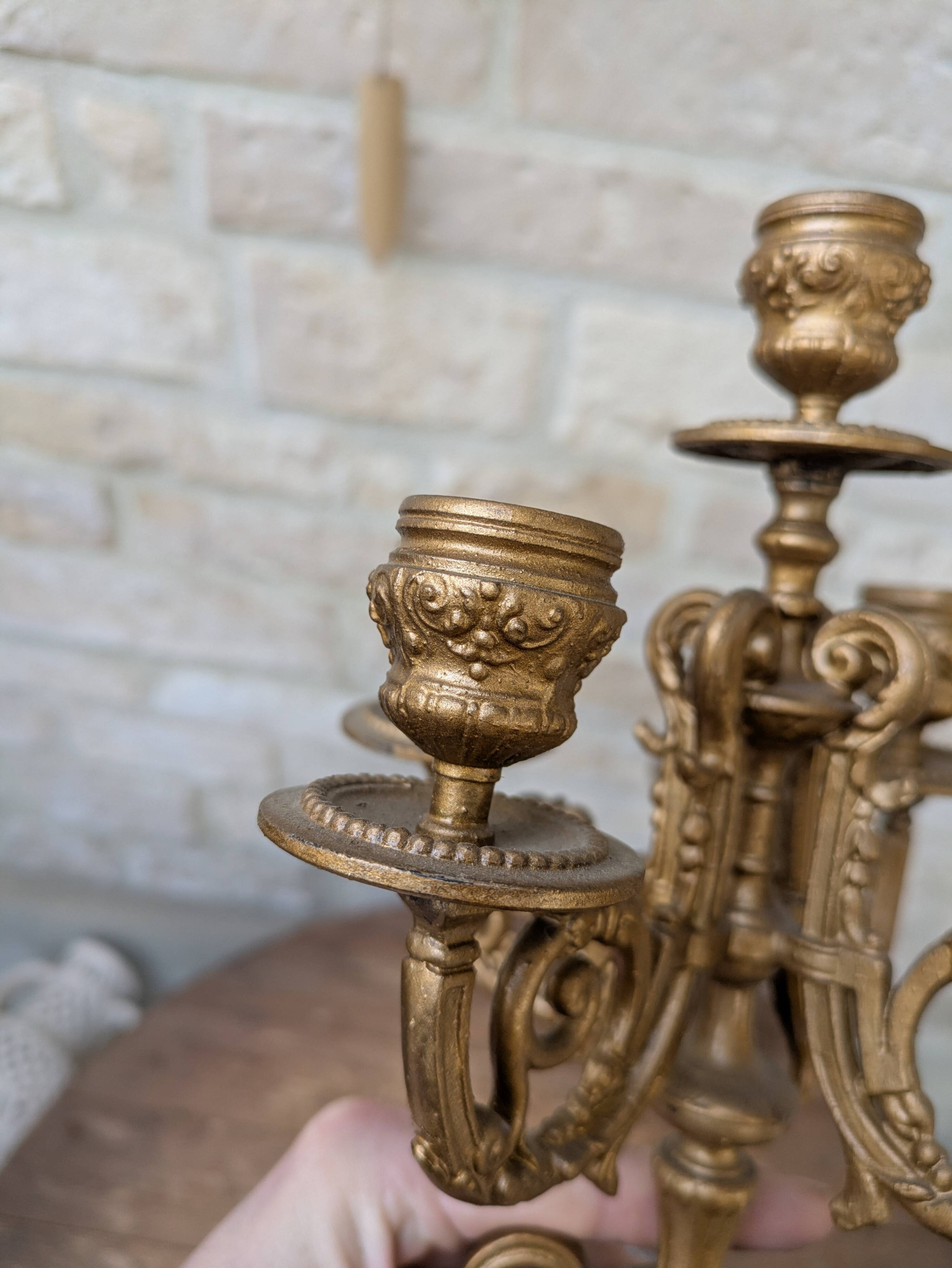 Pair of metal candelabra candle holders with 5 branches, 41cm