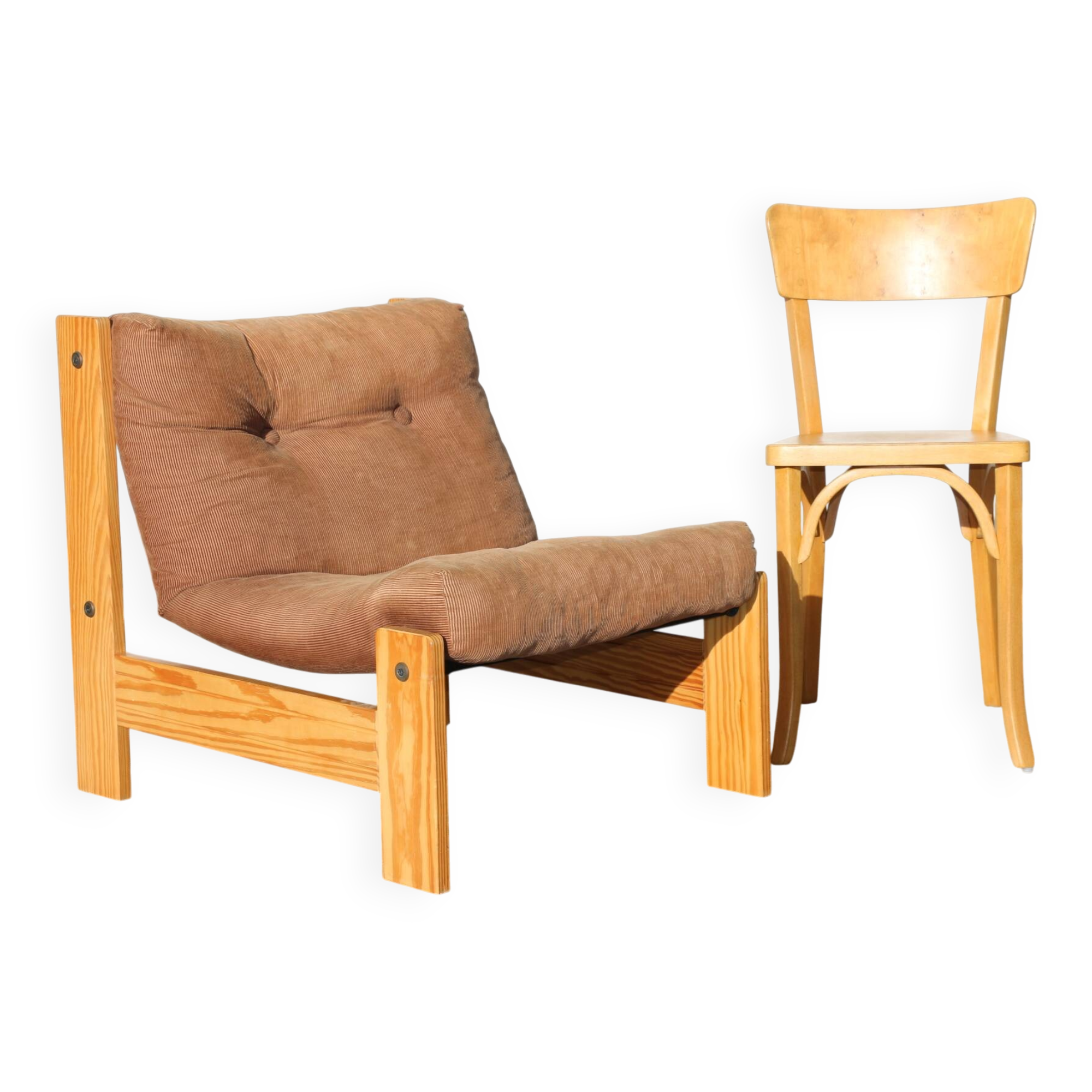 Pine and velvet armchair