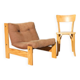 Pine and velvet armchair