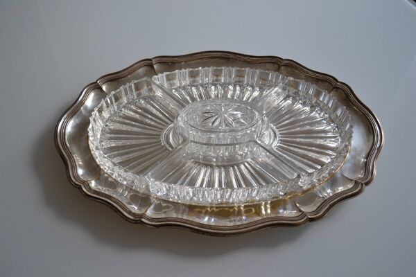 Plat serviteur apéritif métal argenté poinçon HKE et verre