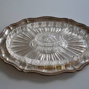 Plat serviteur apéritif métal argenté poinçon HKE et verre