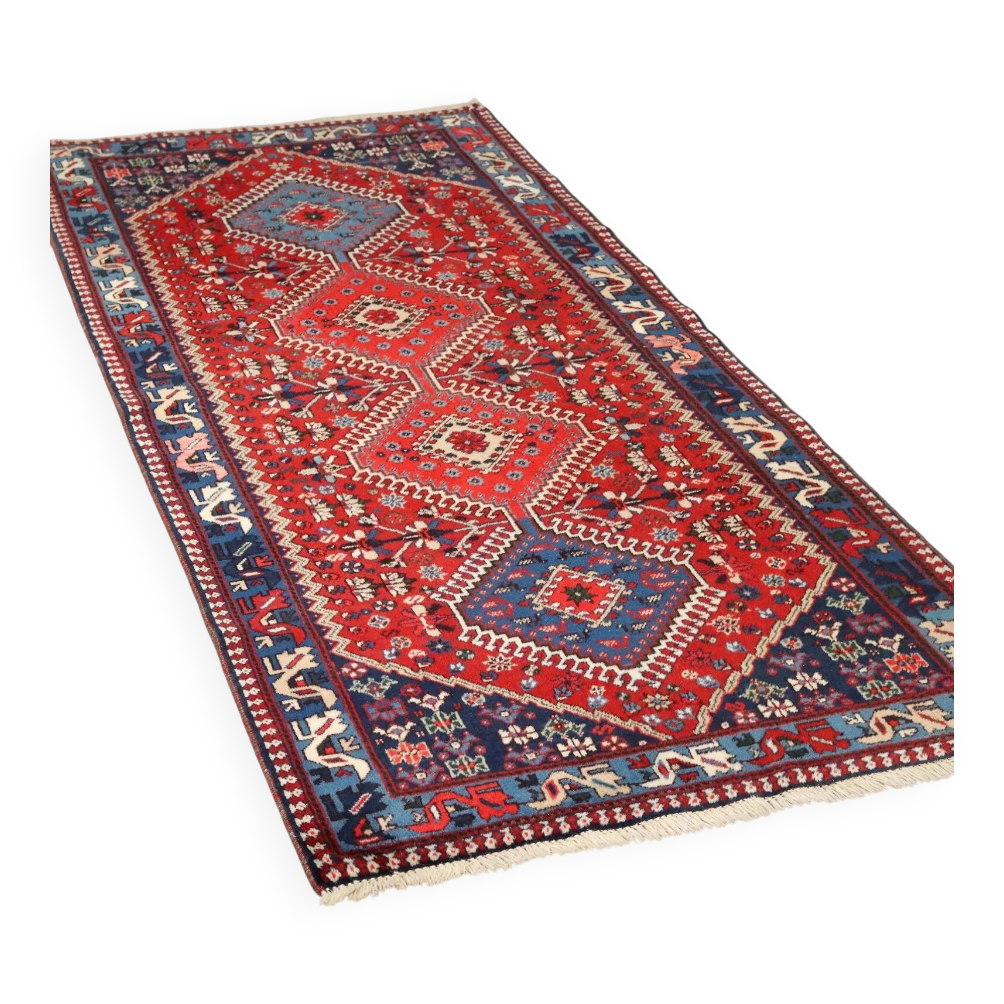 Ancient Asian wool rug, hand-knotted, 79 x 34 in.