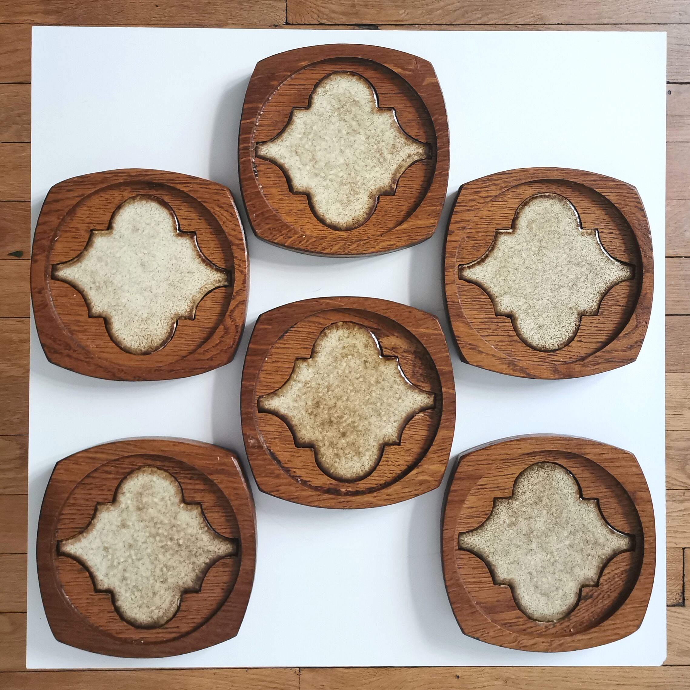 6 oak and ceramic coasters, 1950