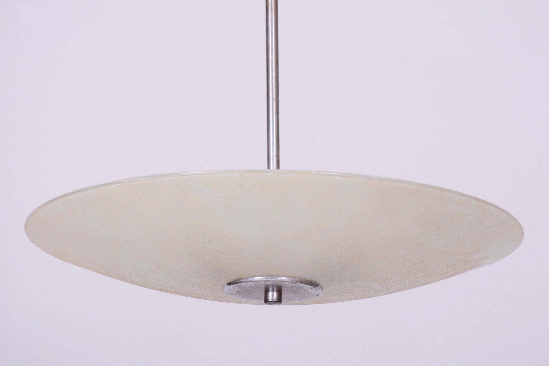 Bauhaus Chandelier in Chrome, Steel and Frosted Glass, Czech, 1940s