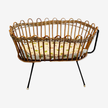 Vintage rattan doll cradle