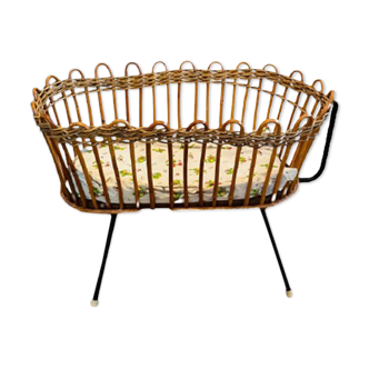 Vintage rattan doll cradle