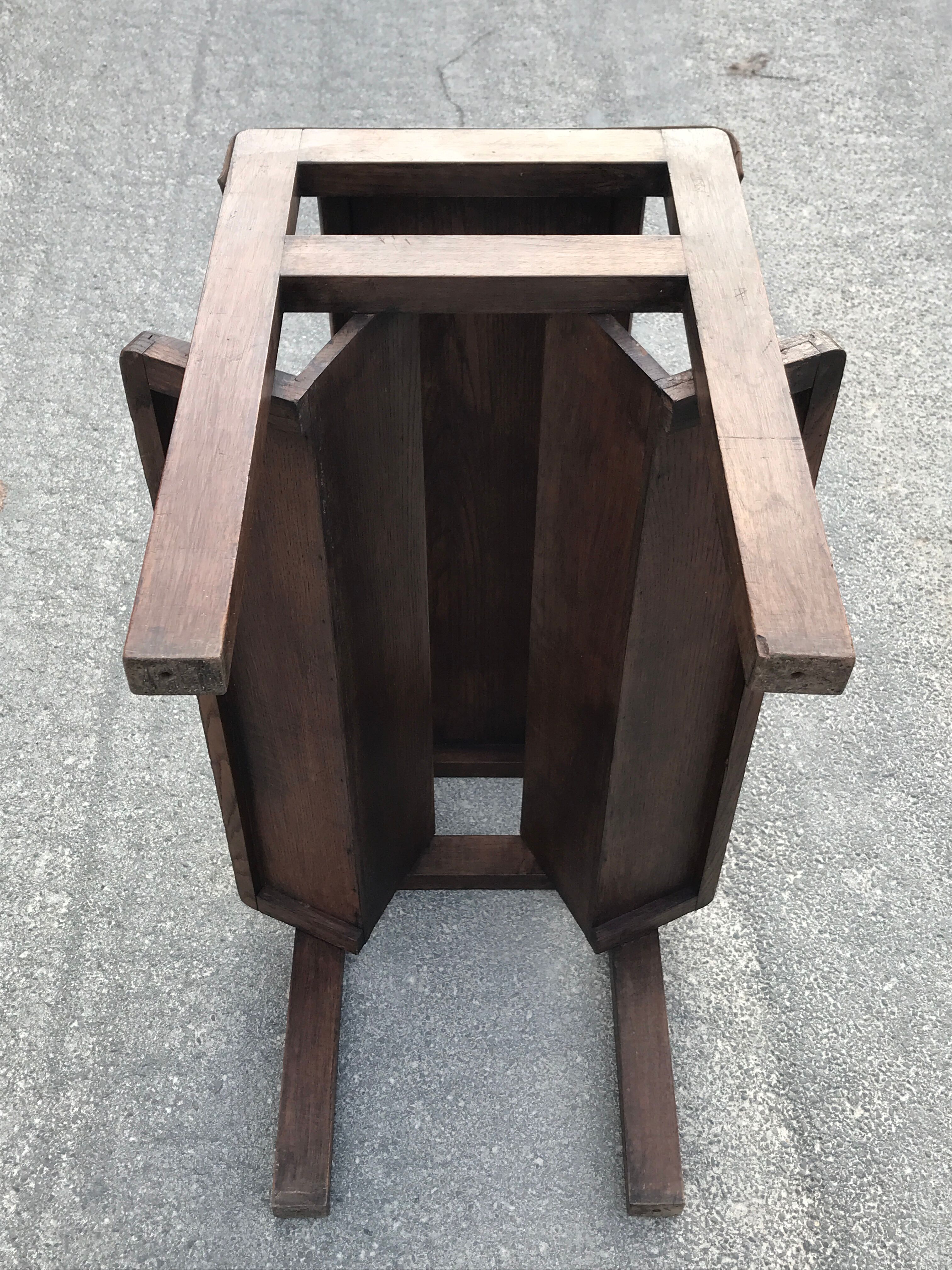 Oak and leather table vintage brutalist design 60s