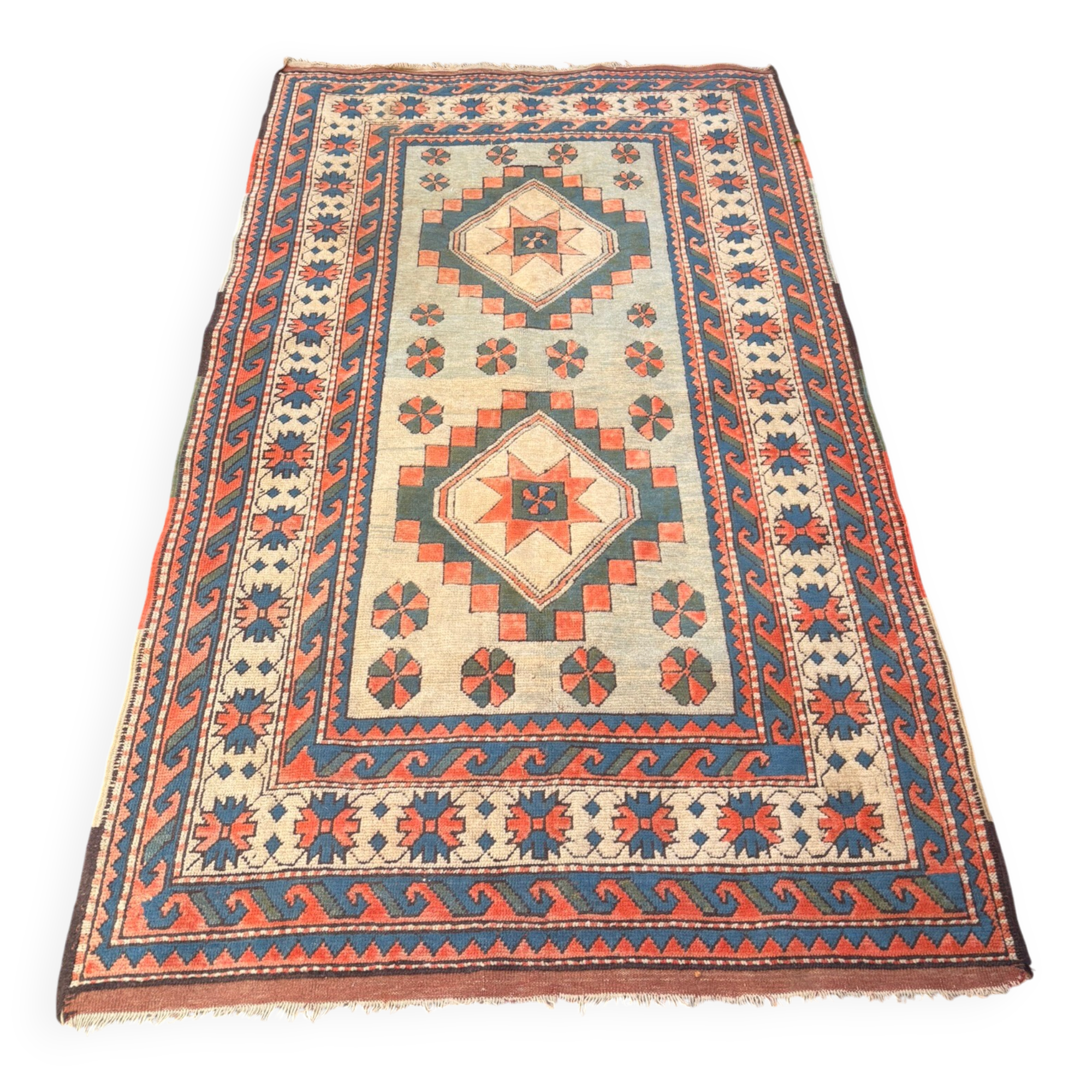 Antique Kazak Caucasian Carpet Wool 200x120 Vintage Blue Oriental Carpet 1900