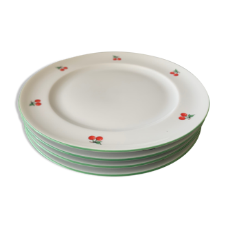 4 white dessert plates with cherry motifs