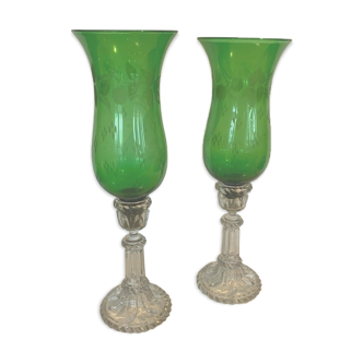 Pair of photophores in engraved green crystal 20th century Crystal lamps