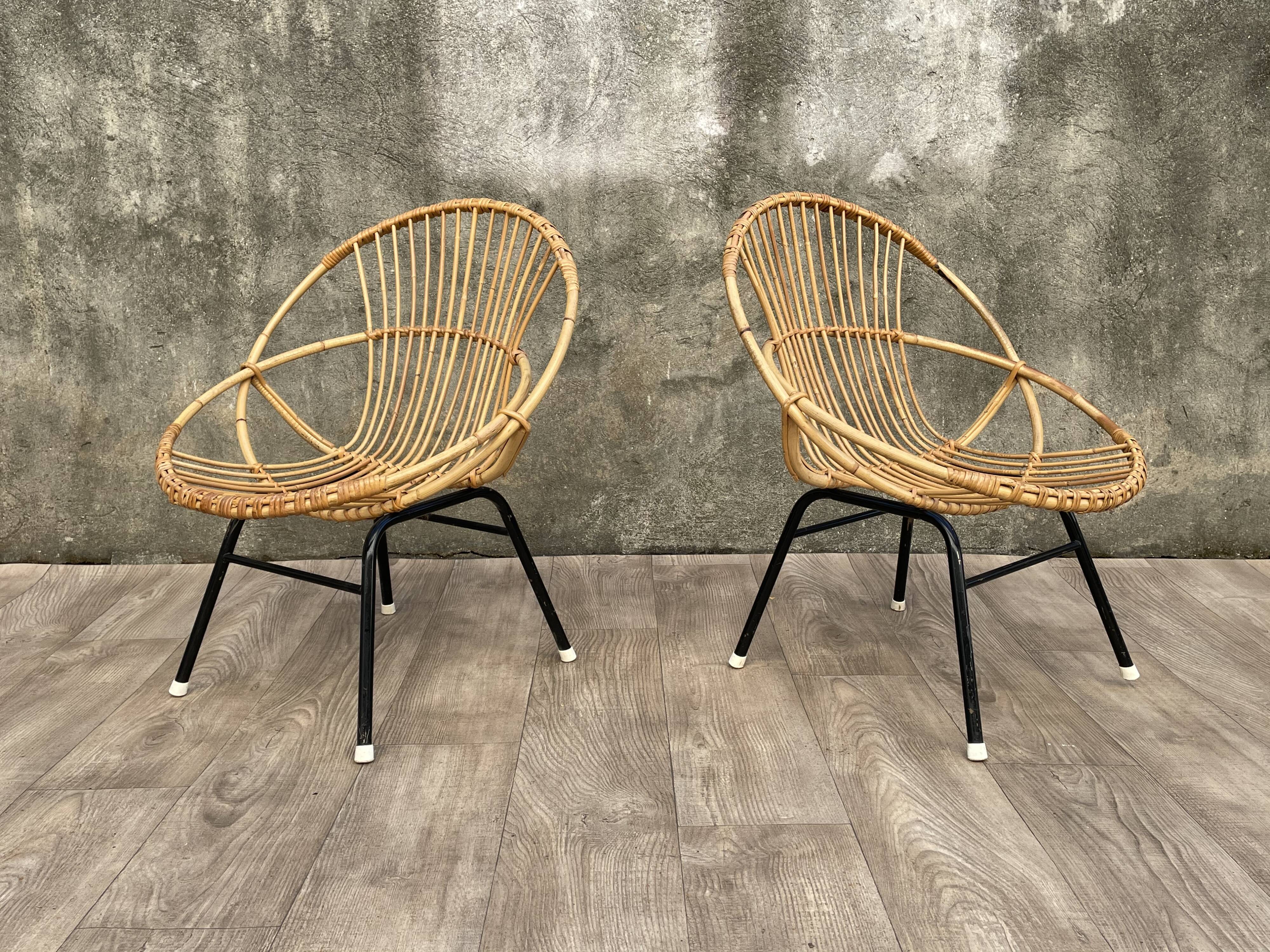 Pair of rattan and metal shell chairs, 1960