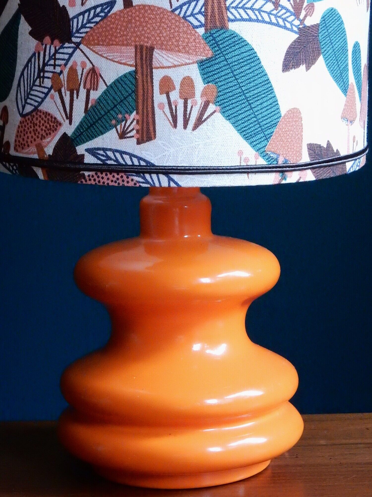 Mushroom lampshade and vintage orange glass lamp foot
