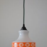 Seventies chandelier in white opaline decorating orange flowers