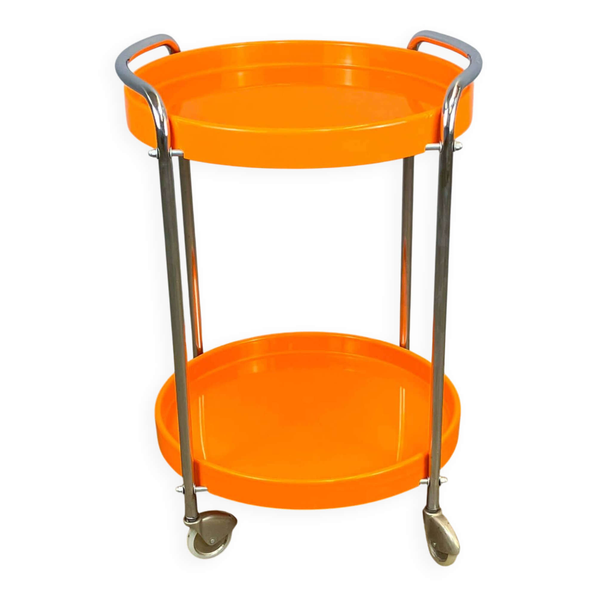 Space Age serving trolley, chrome and orange plastic trays, 1970s