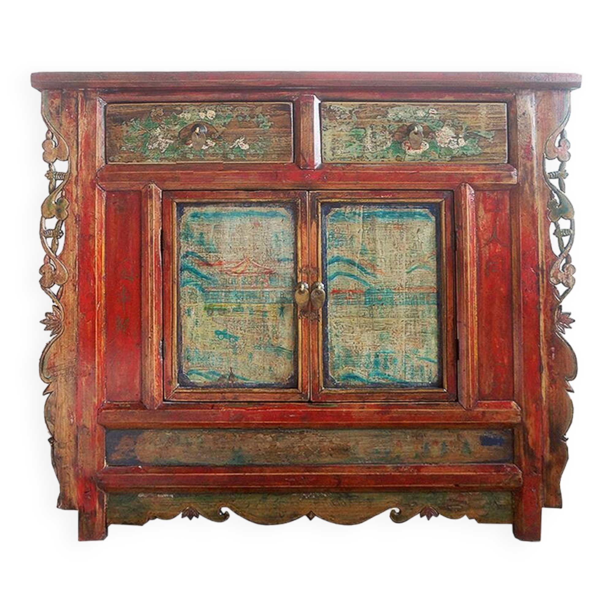 Antique Chinese sideboard in red lacquered wood with carved details and paintings