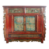 Antique Chinese sideboard in red lacquered wood with carved details and paintings