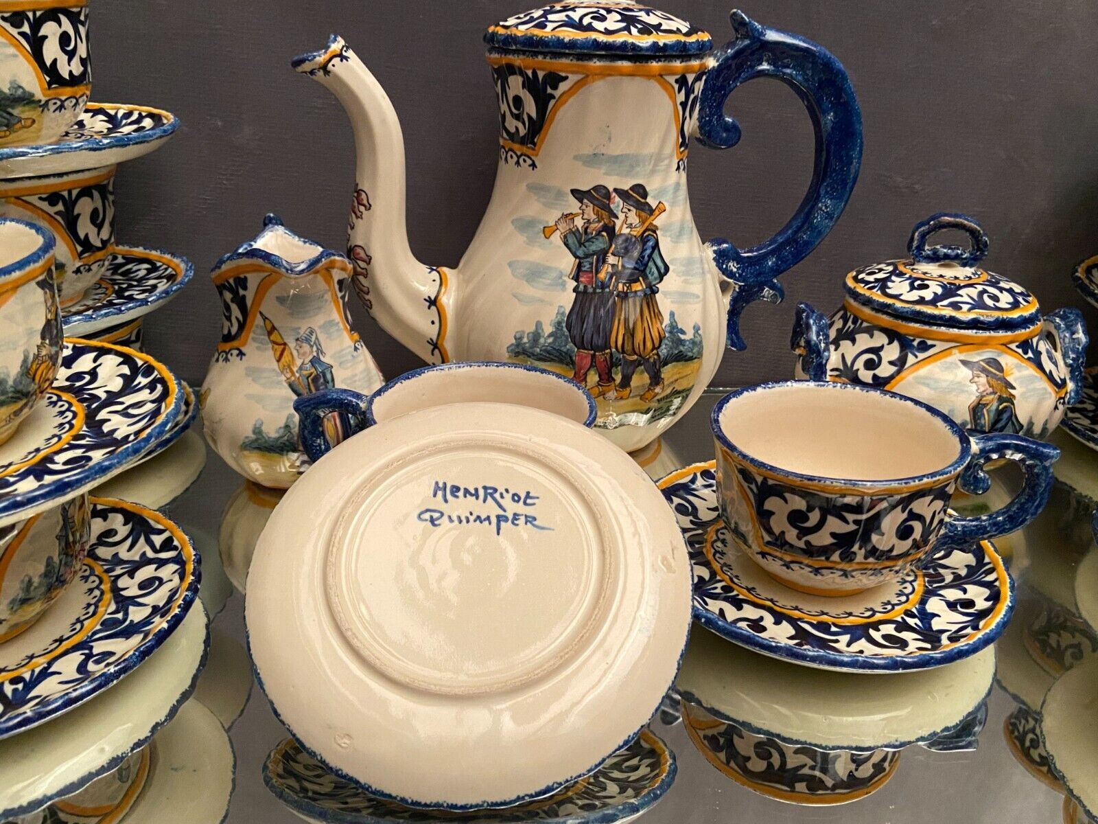 Tea service full coffee earthenware Quimper Henriot cups sugar bowl pot milk jar