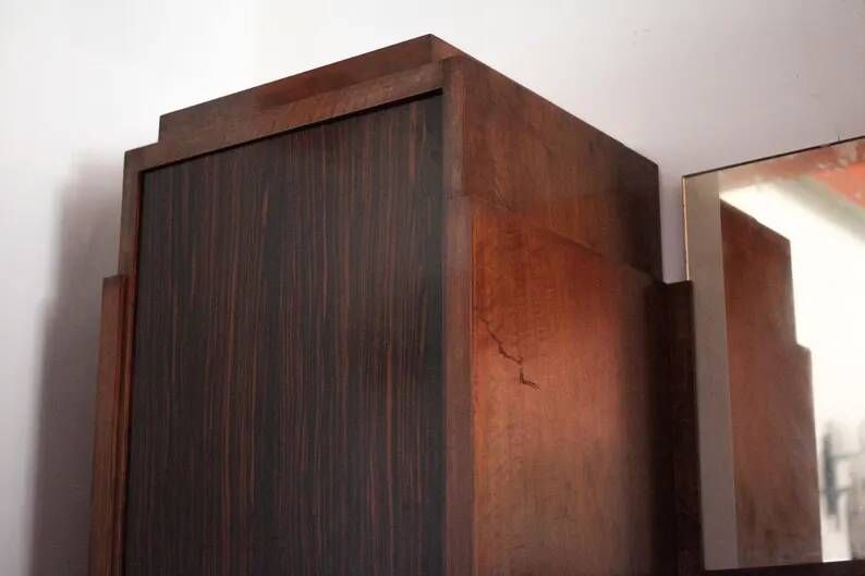 Art Deco furniture, Art Deco wooden sideboard with mirror, storage furniture, interior decoration.
