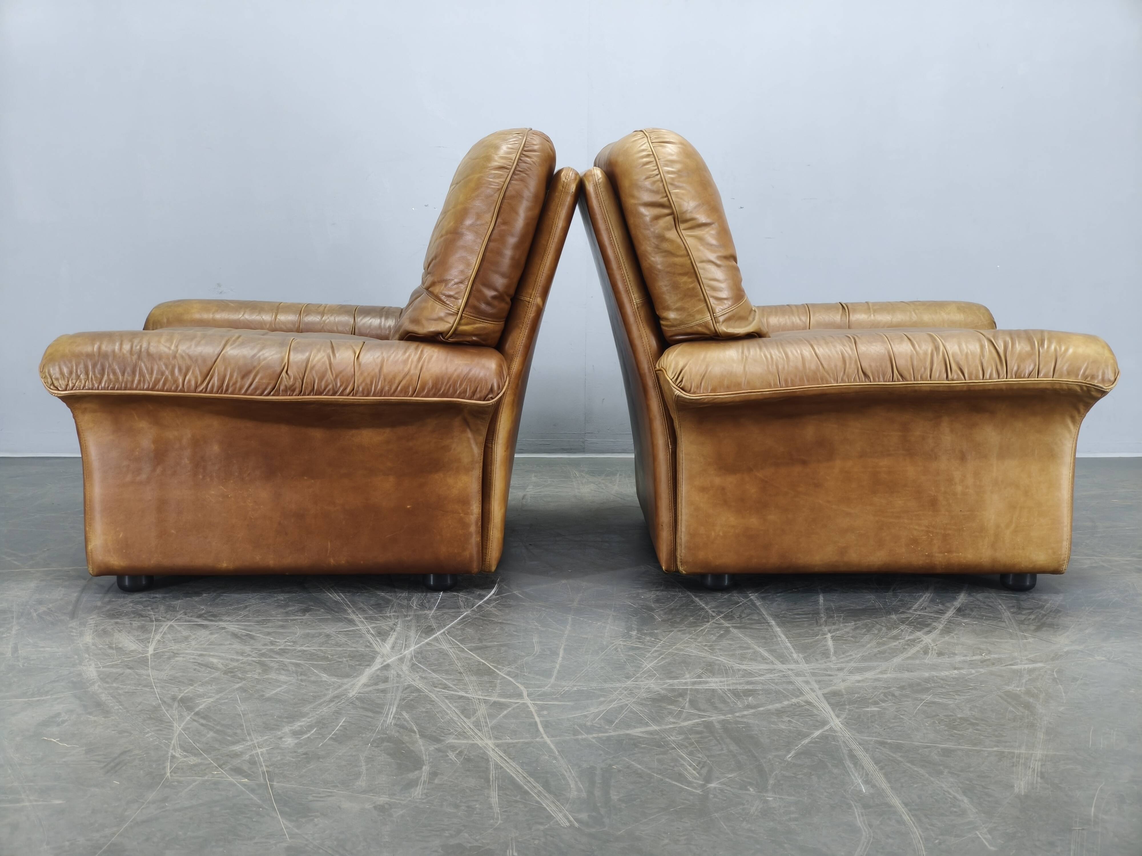 Pair of Arcon Italia Cognac Buffalo Leather Lounge Armchairs