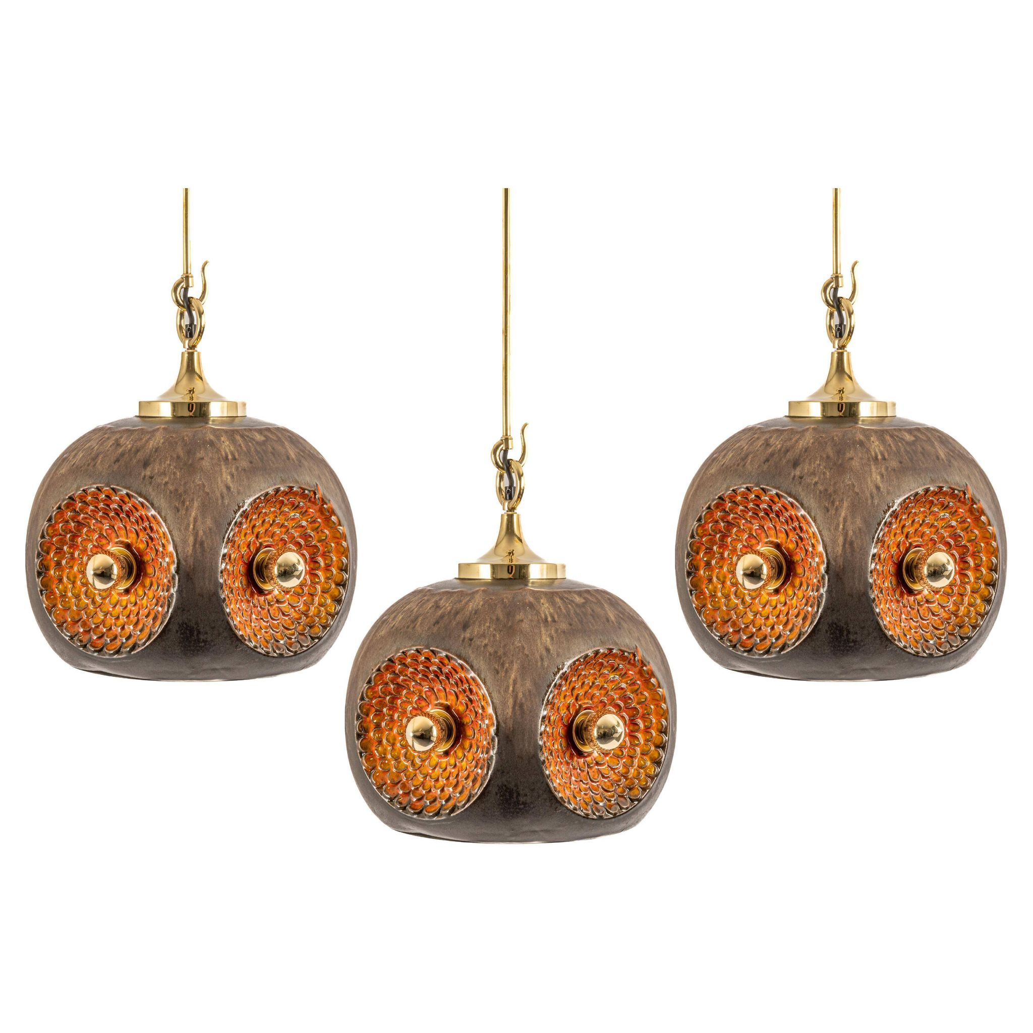 brown and orange ceramic Sputnik pendants, Germany, 1970s