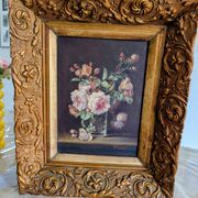 Tableau huile sur bois rose dans vase début XXeme