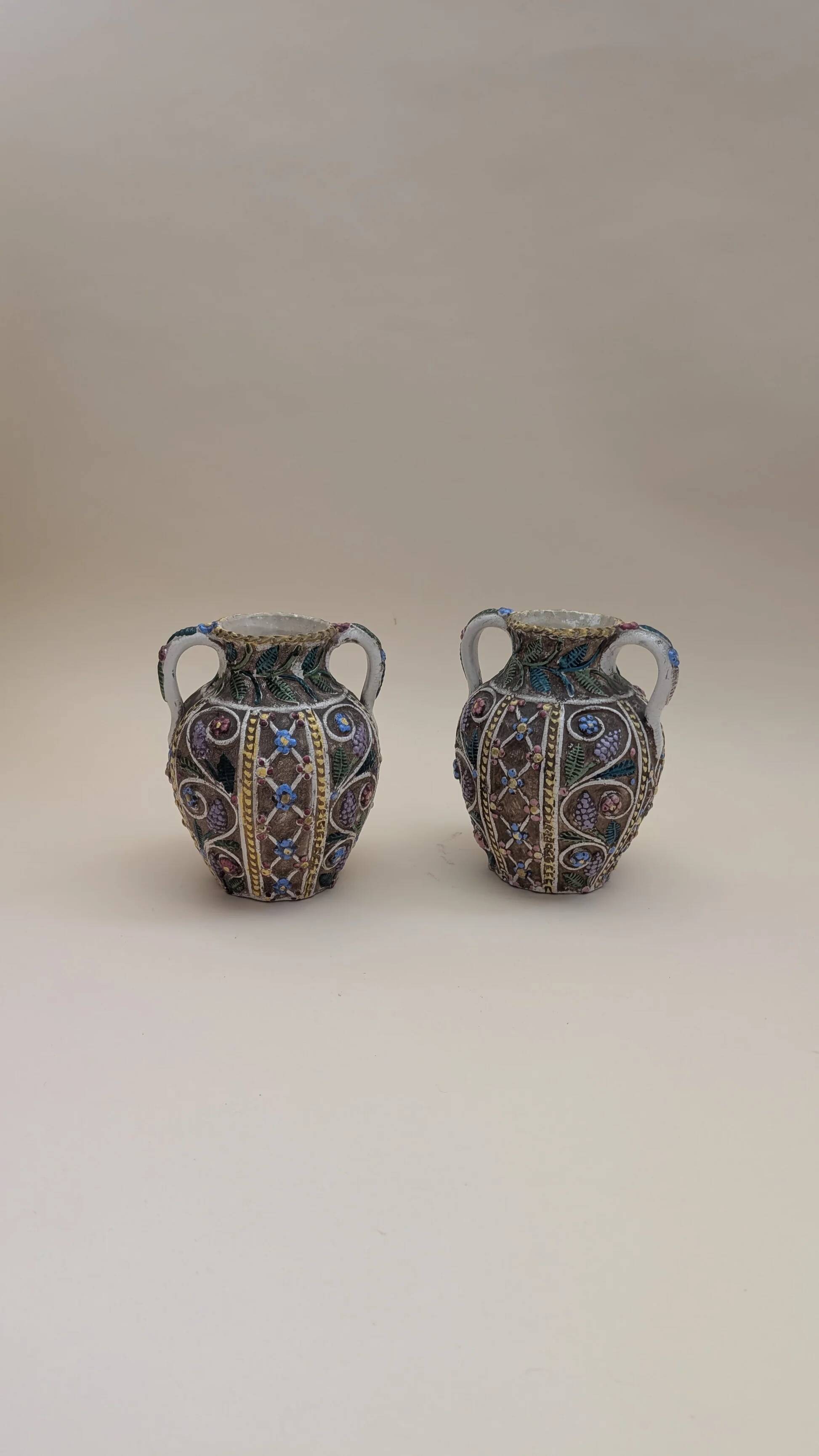 Pair of small openwork vases in glazed earthenware – Made in Italy