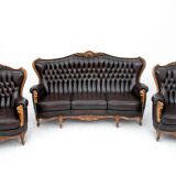 Deep buttoned brown leather salon set