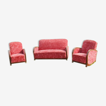 Canape et 2 fauteuils art deco velours rouge