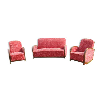 Canape et 2 fauteuils art deco velours rouge