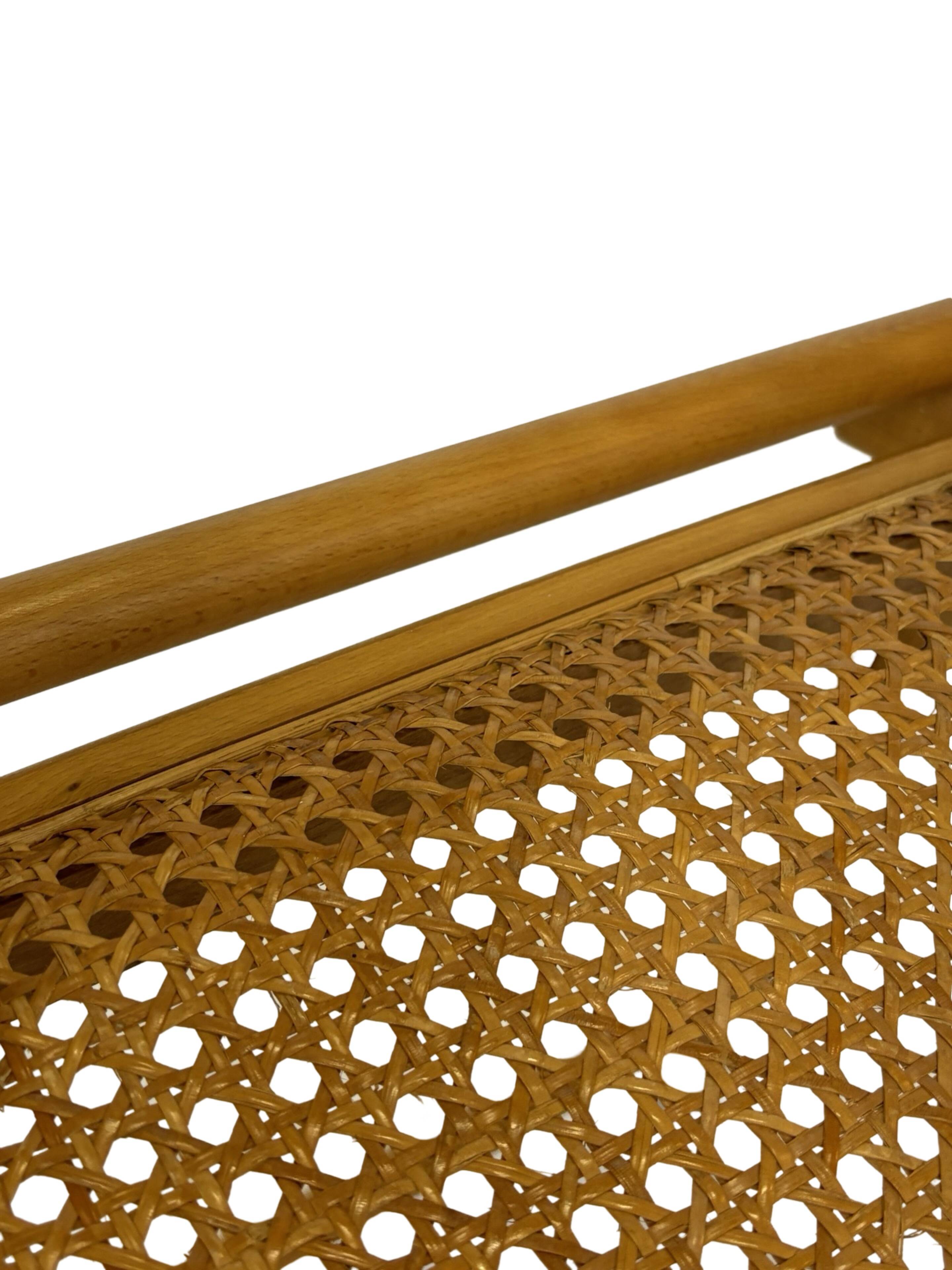 Vintage wooden folding chair with rattan seat 80s minimalist design